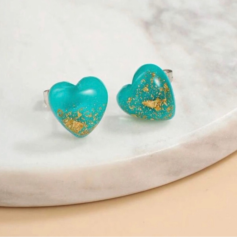 Blue Heart Gold Flake Fleck Glitter Sparkle Resin Dainty Tiny Stud Post Earrings - Picture 10 of 15